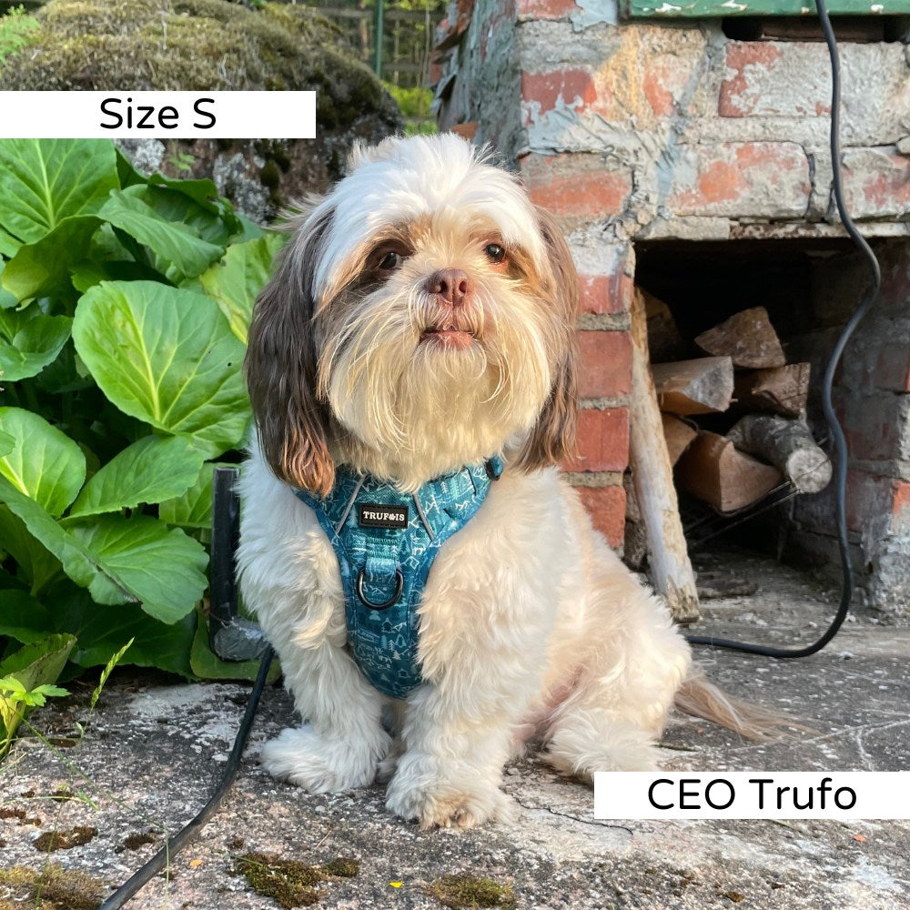 No Pull. Easy Click and Go Step-in design. Discreet Pocket for a Tracking Device. Fully adjustable. Reflective Trim for extra visibility. Sturdy padded grab handle for maximum control (perfect for hikes). Safety lock buckle. Soft, ergonomic model but with durable material.